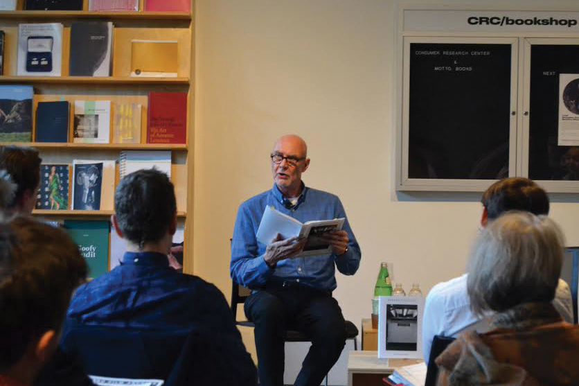 Douglas Crimp reads a selection from his book “Before Pictures” at the Carpenter Center for Visual Arts Wednesday evening.
