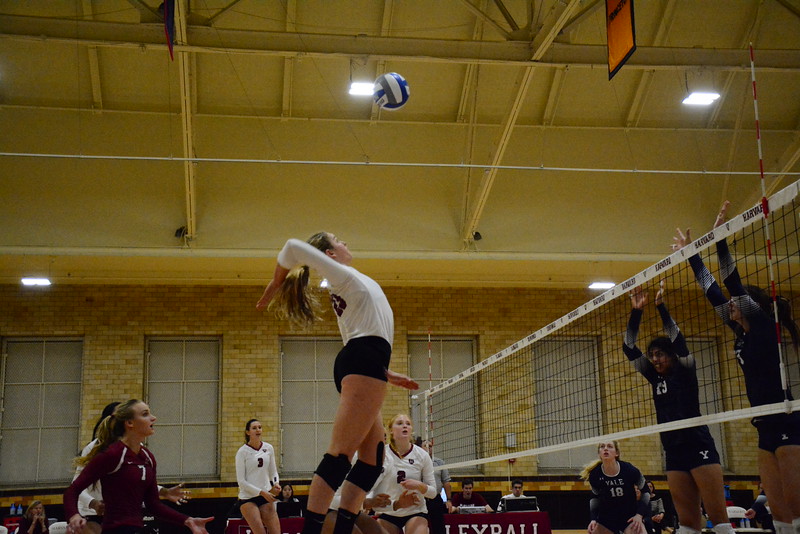 Co-captain Corie Bain ended her career with back-to-back wins in her final weekend, which she capped off with a kill to close out her final set against Brown. 