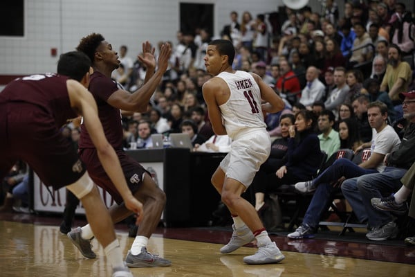 Freshman forward Bryce Aiken, shown in previous action against Fordham, leads the Crimson in scoring through its first nine games. Aiken's 21 points against Houston led the team to its biggest win of the year. 