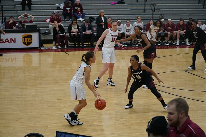 Katie Benzan, pictured above against Temple, the Crimson defeated Dartmouth 70-61. 
