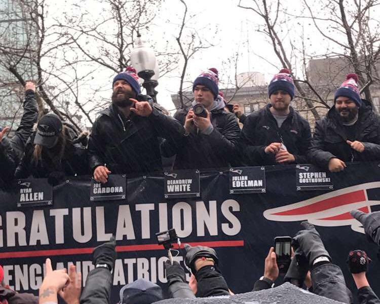 The players rode modified truck beds in the Patriot’s fifth Super Bowl victory parade last Tuesday.