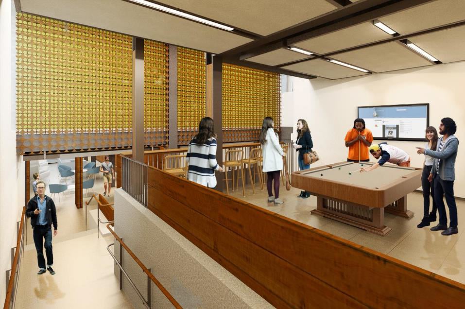 An architectural rendering of the Pool Lounge of Lowell House.