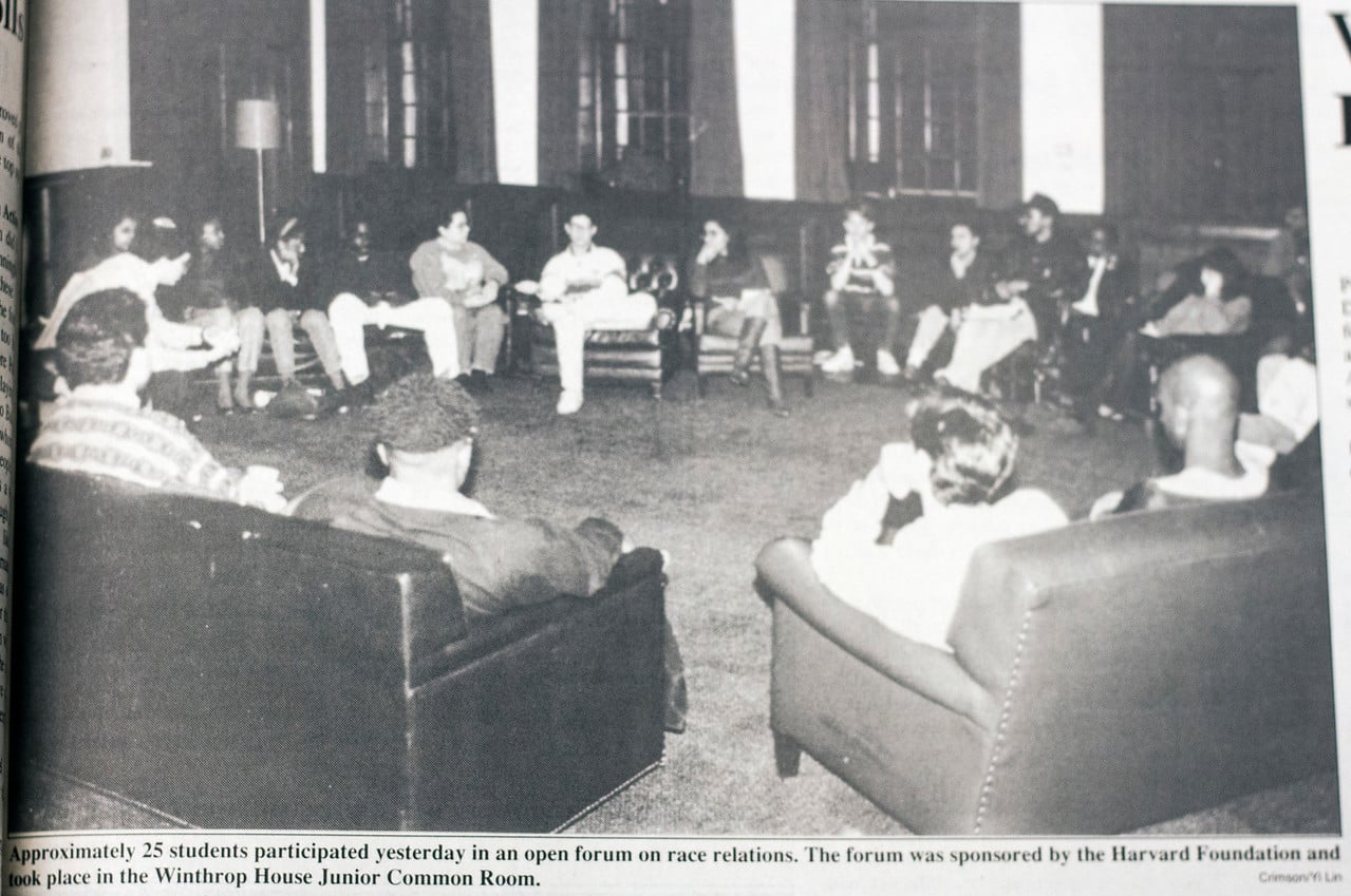 Students discuss race relations in the Winthrop Junior Common Room.