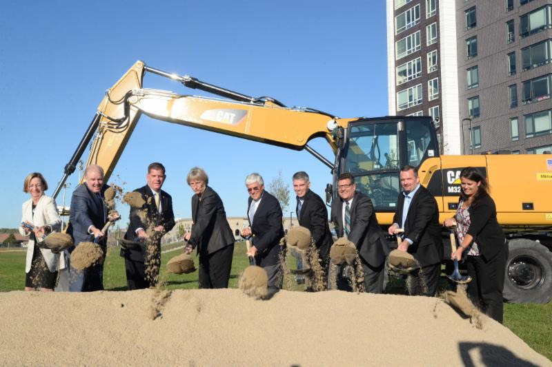 University President Drew G. Faust and Boston Mayor Martin J. Walsh break ground at the William F. Smith Field Park on Monday. This event marks the beginning of the renovation of the park. 