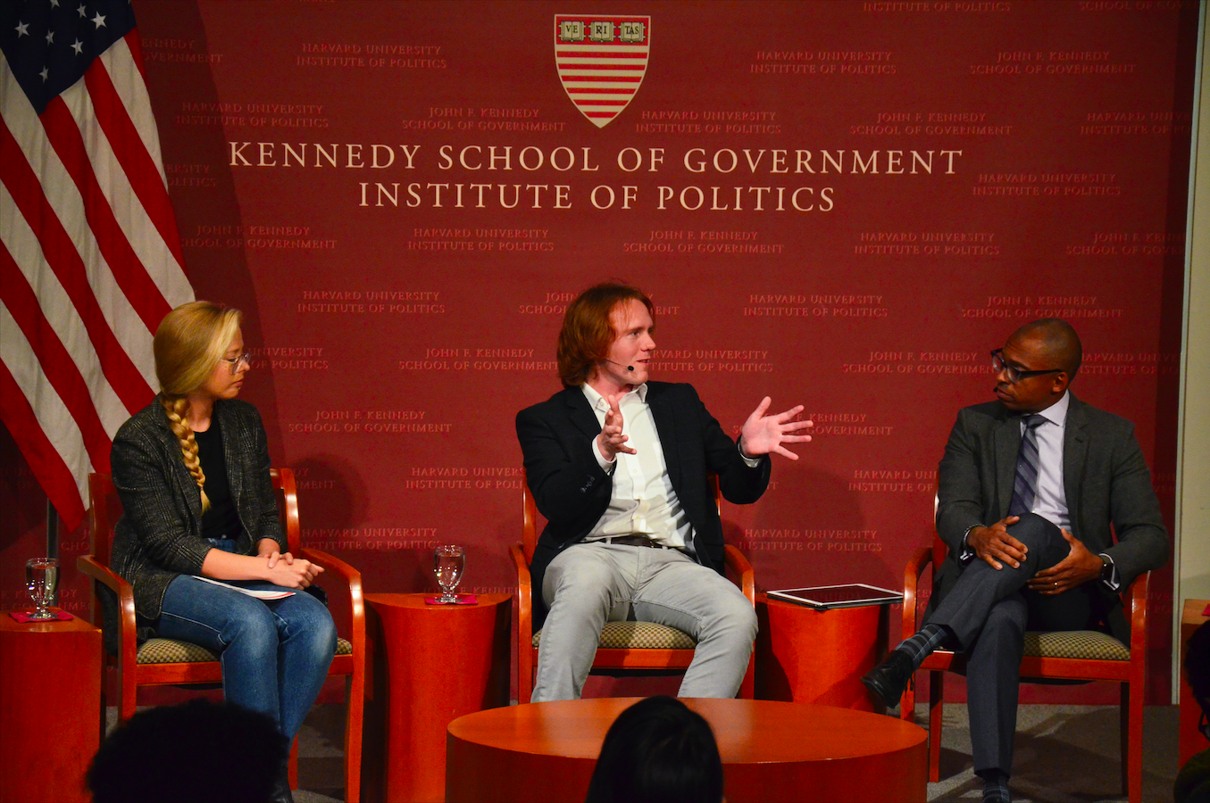 Elle Reeve moderates a conversation between R. Derek Black and Khalil G. Muhammad regarding the current state of white nationalist movements on Wednesday evening at the IOP.