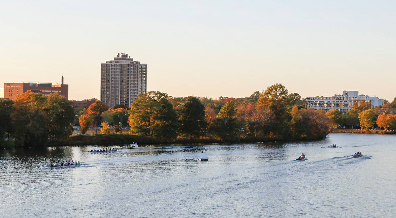 The Charles River, the scenic sight of the eponymous race. Each year, spectators line the grassy banks to cheer on their favorite boats.