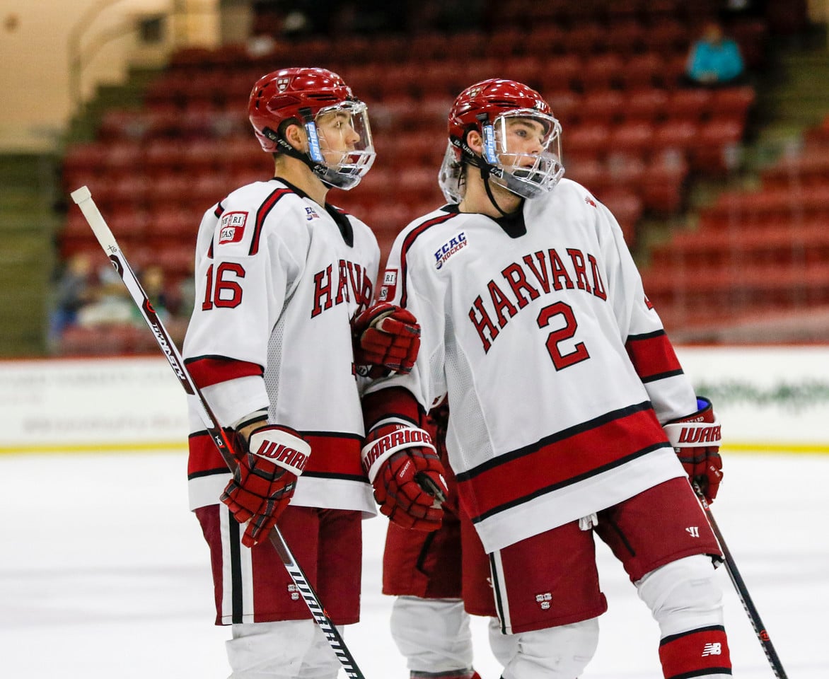 Freshman blue-liner Reilly Walsh leans in for some upperclassman advice from junior Ryan Donato. Harvard's success this season hinges, at least partially, on the rookies' ability to absorb all the knowledge that the older leaders impart.