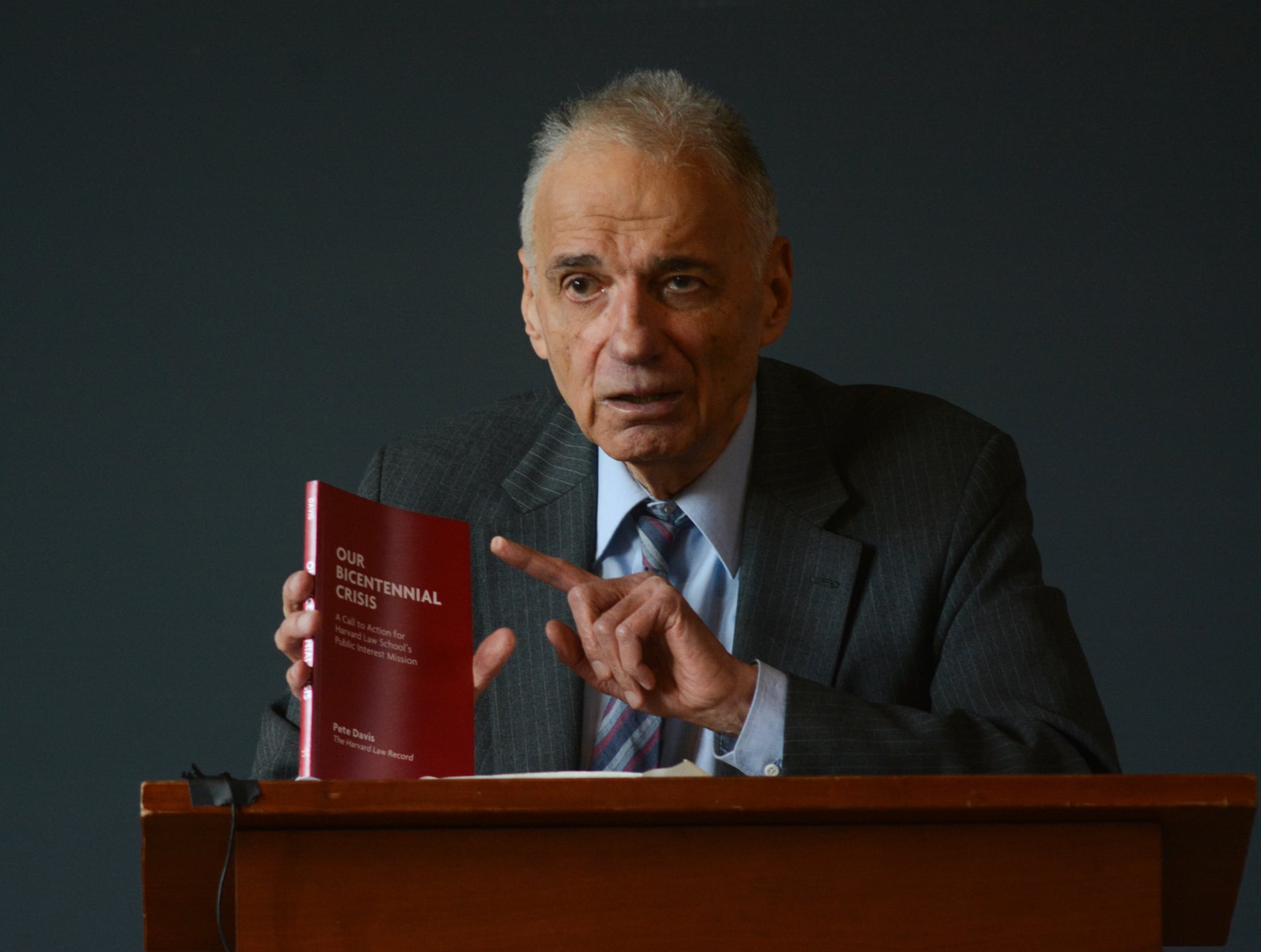 Repeat presidential candidate Ralph Nader discusses “Our Bicentennial Crisis,” a recent publication by Law student Pete Davis. Nader was critical of the school’s practices during his talk in Langdell Hall in November. 