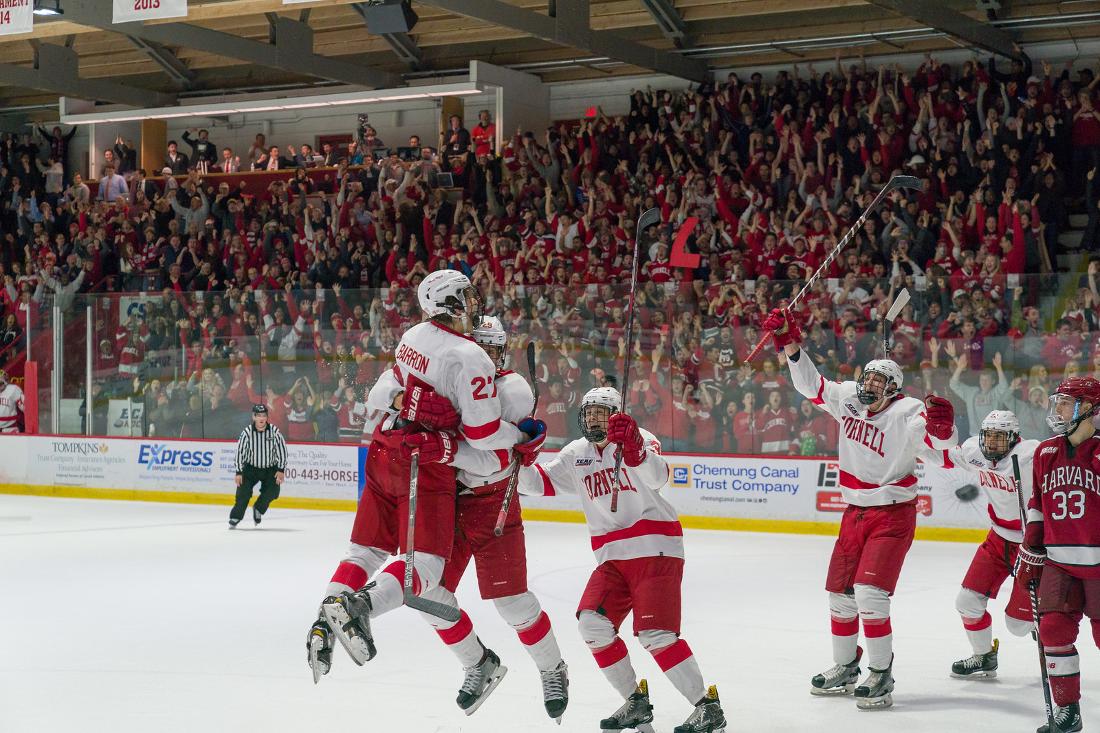 Cornell celebrates after scoring the game-winning goal with 1.4 seconds remaining in Saturday's contest. The loss, which evokes mainly frustration from the Crimson, puts Harvard under .500 for the first time since late-2013.