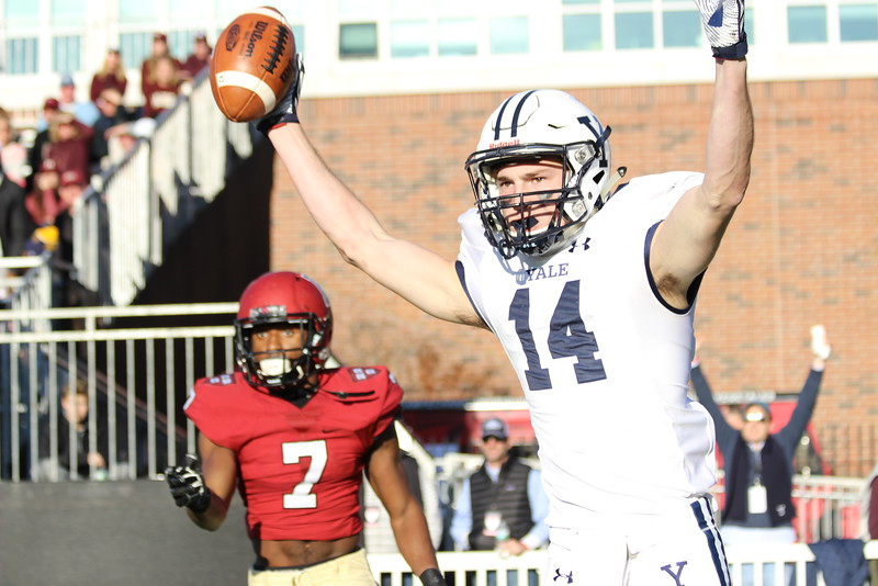 In the 2016 edition of The Game, Yale wide receiver Reed Klubnik, now a sophomore, hauled in two crucial touchdown passes to lead the Bulldogs to victory. Here, Klubnik celebrates after his first catch, which gave Yale its first lead early in the third quarter.