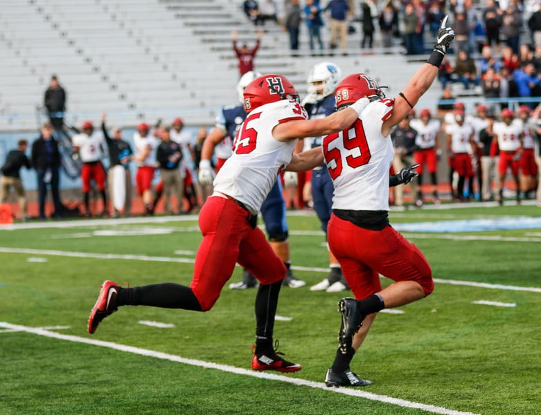Sophomore linebacker Joey Goodman (59) celebrates his second deflection against Columbia in the waning seconds of the victory.