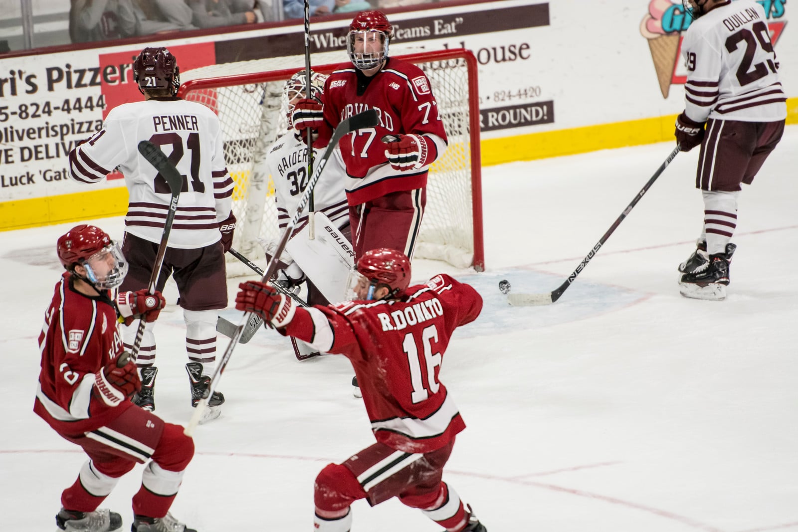 Harvard will be looking to harness more of the energy pictured above, after junior forward Ryan Donato's goal at Colgate last weekend.