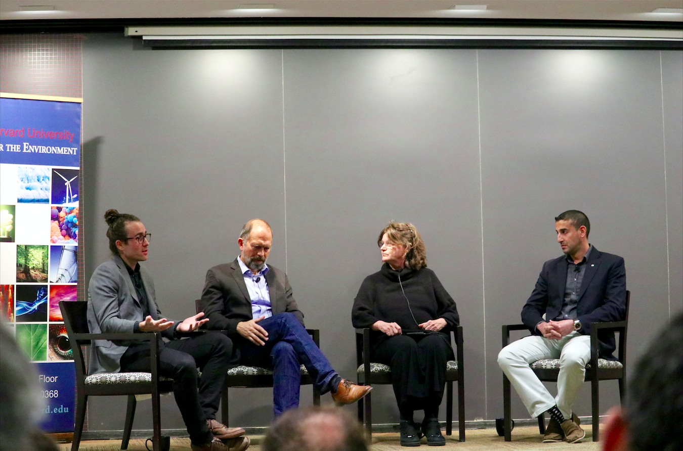 David Wallace-Wells, Cam Webb, Nancy Knowlton, and Nikhil Advani speak Wednesday evening at a panel discussion hosted by the Harvard University Center for the Environment.