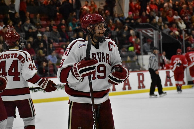 Crimson tri-captain Jake Horton pauses for a breather during a 3-0 loss to Cornell. 