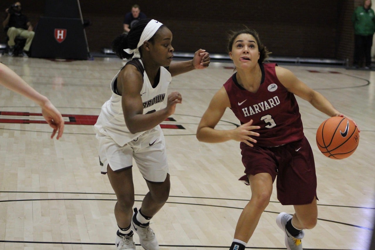 Sophomore guard Katie Benzan driving in the lane against Brown, leads the team in points per game with an 13.