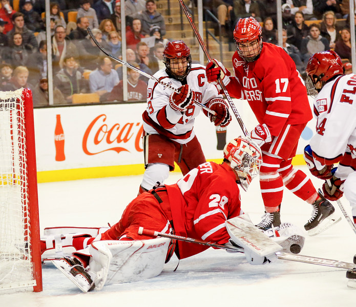 The Crimson crashed the net early and often, but BU sophomore goalie Jake Oettinger stood his ground.