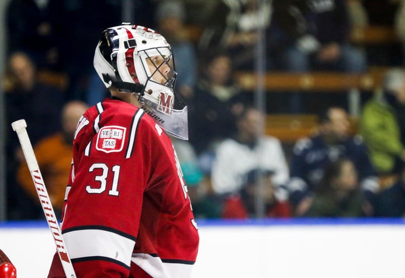 Tri-captain Merrick Madsen looks on during the regular season finale at Yale.