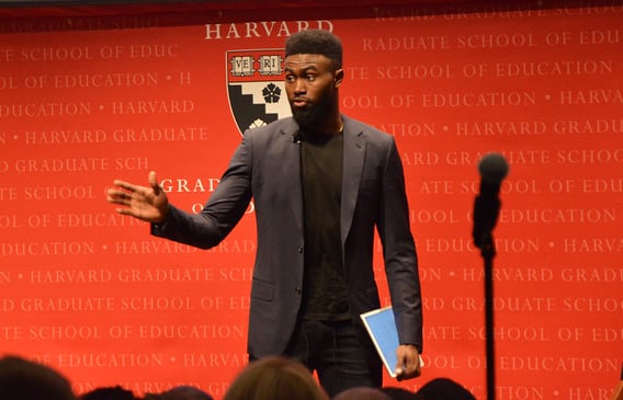 Celtics second-year wing Jaylen Brown spoke in front of a packed crowd at the Harvard Graduate School of Education on March 1.