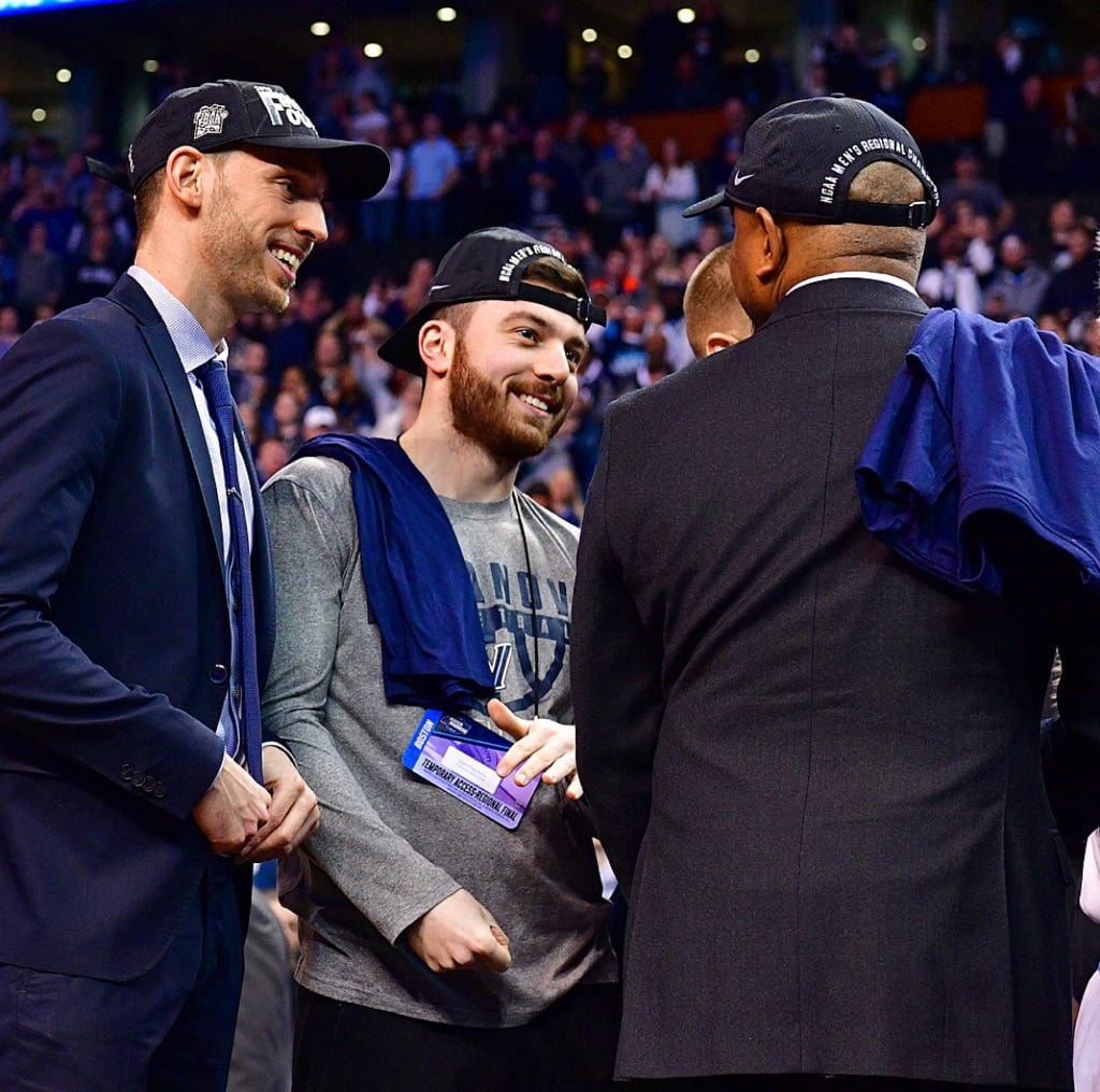 Matt Fraschilla celebrates with the Villanova coaching staff after defeating Texas Tech on Sunday night to reach the Final Four.