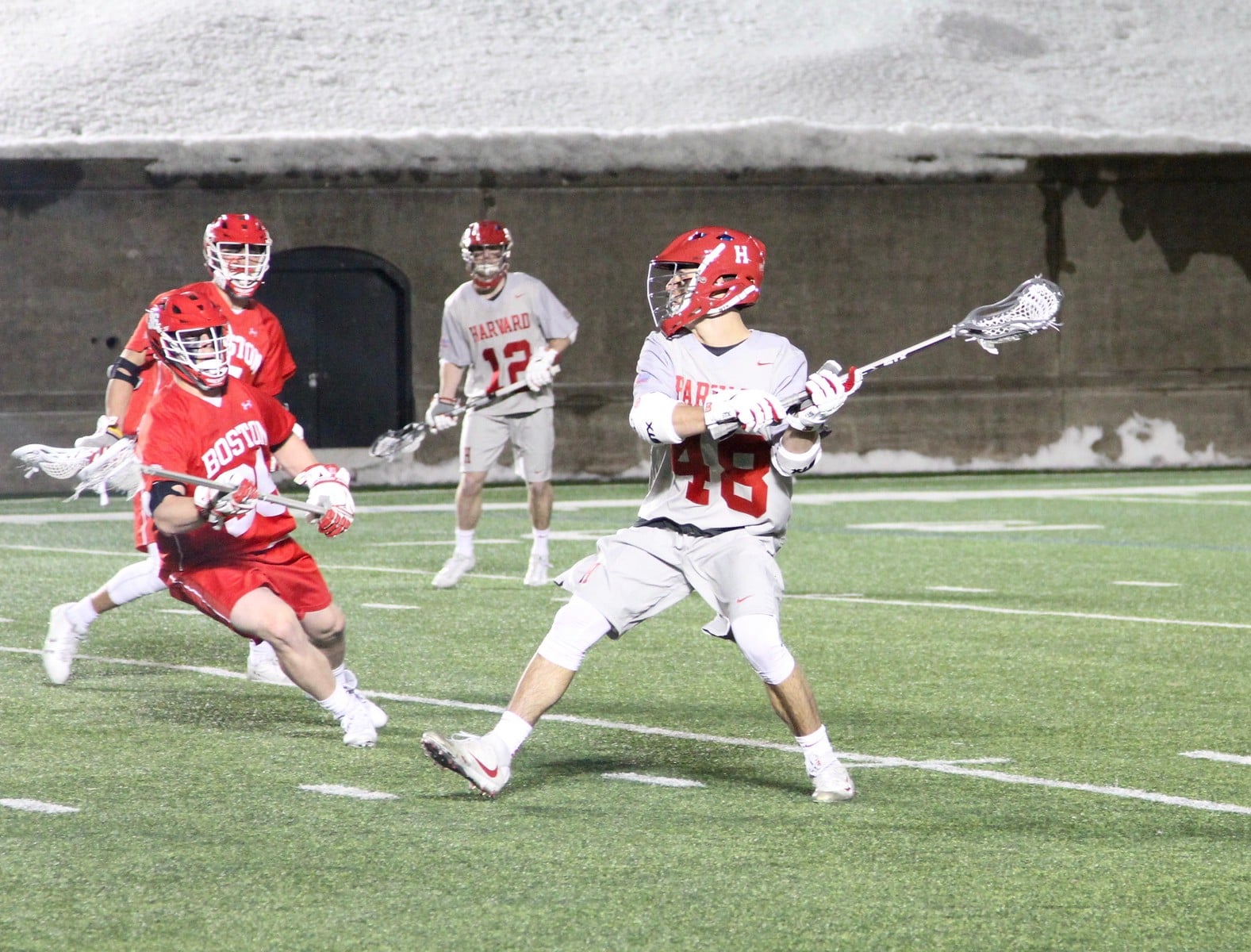 The Crimson has seen some key contributions from its freshman class this year, from players like Kyle Salvatore (48). Salvatore picked up his first career hat trick in the win over Dartmouth last month.