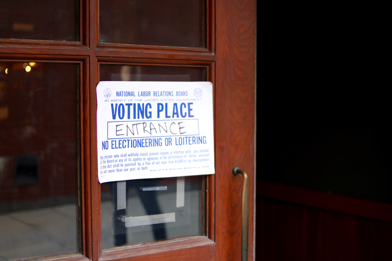 A sign marks the entrance to a voting site during the historic April 2018 election that saw a majority of eligible students cast their ballots in favor of unionization.