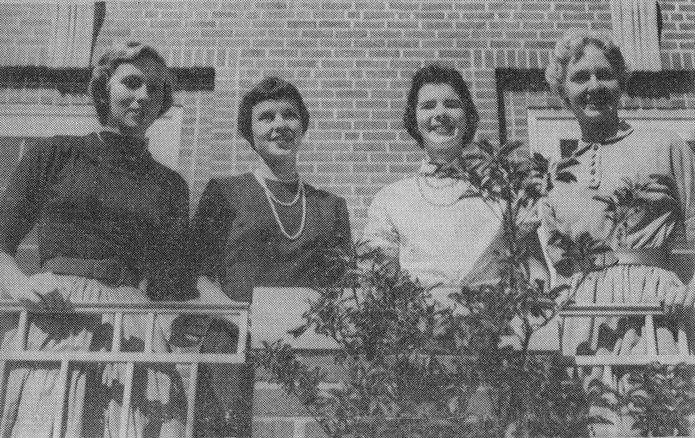 From The Radcliffe News, the 1955 Miss Radcliffe Finalists: (left to right) Ann Baker, Cynthia Charmichael, Holly Carleton (Miss Radcliffe), and Mary Lou Severn.