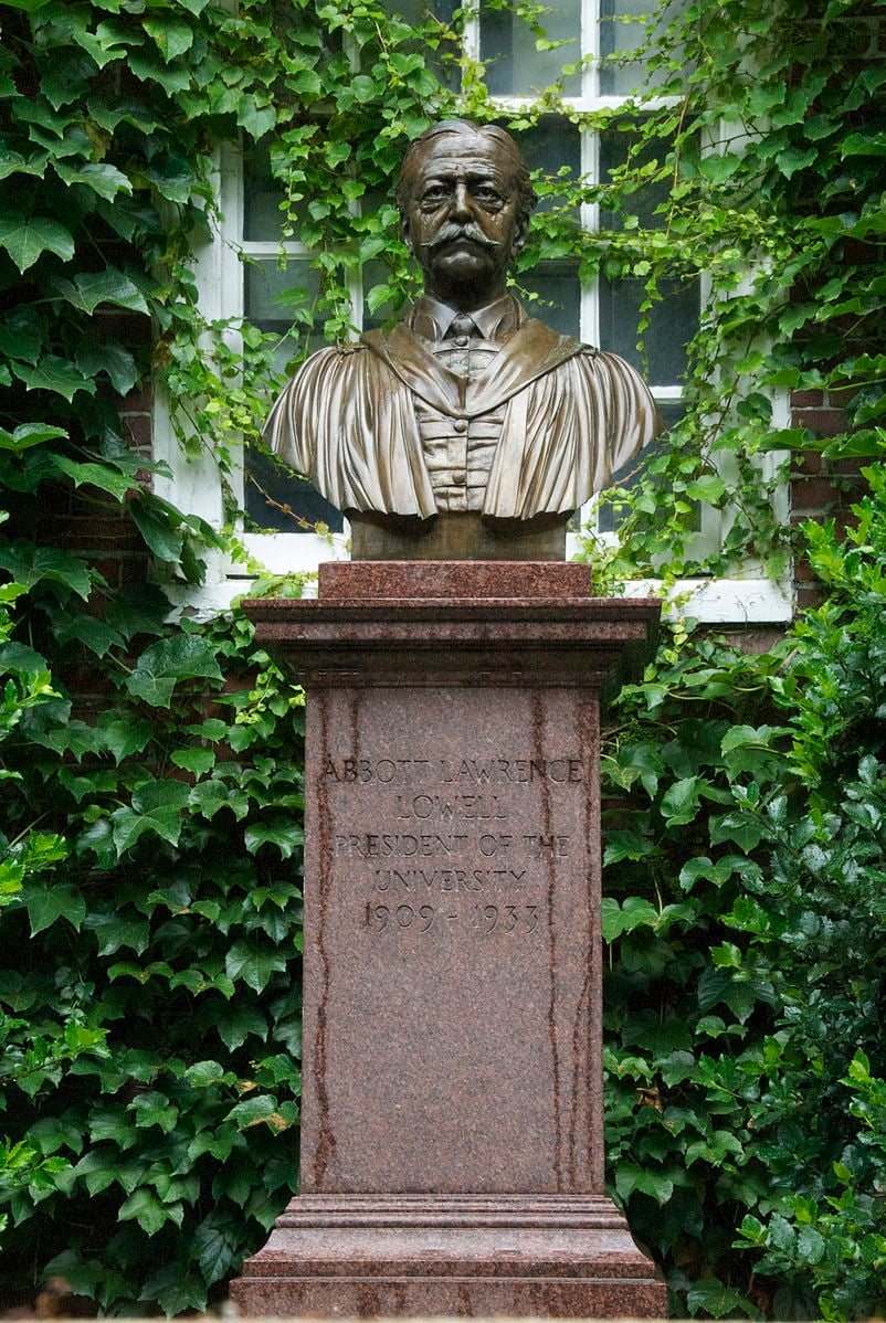 A bust of former University President Abbott Lawrence Lowell sits in the courtyard of Lowell House.