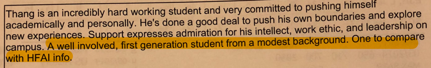 At least two admissions officers appeared to mention Diep's possible eligibility for Harvard's financial aid program. The College describes its admissions process as need-blind. (Highlighting added by Crimson staff.)