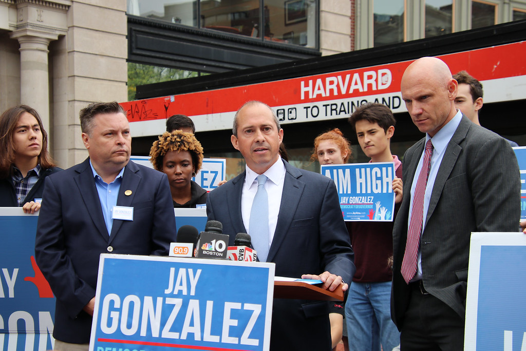 Gubernatorial Candidate Jay Gonzalez held a press conference at the Harvard T Stop to propose an endowment tax that would cost Harvard half a billion a year.