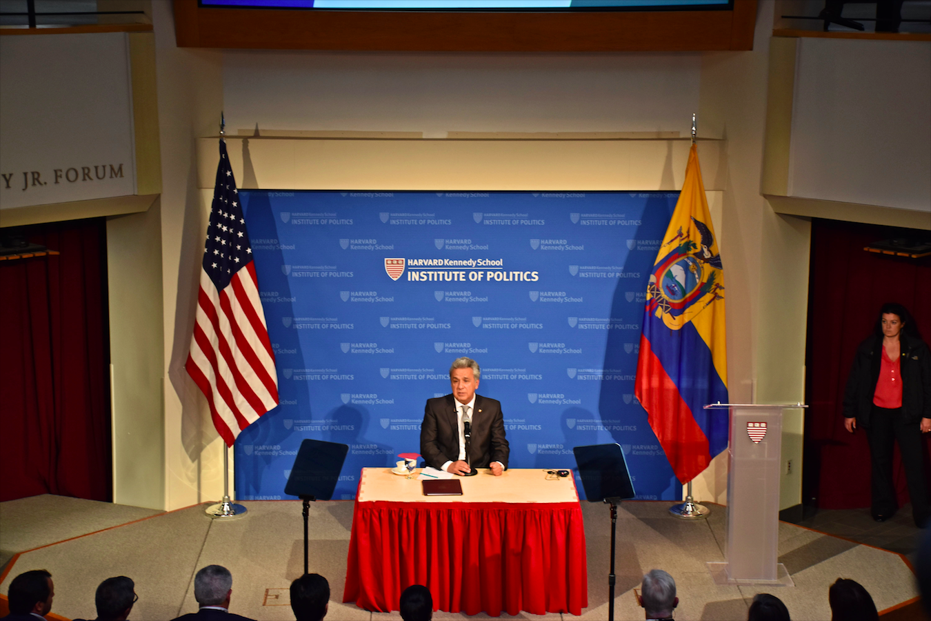 Lenín Moreno, the president of Ecuador, gives a public address at the Harvard Kennedy School on Friday afternoon.