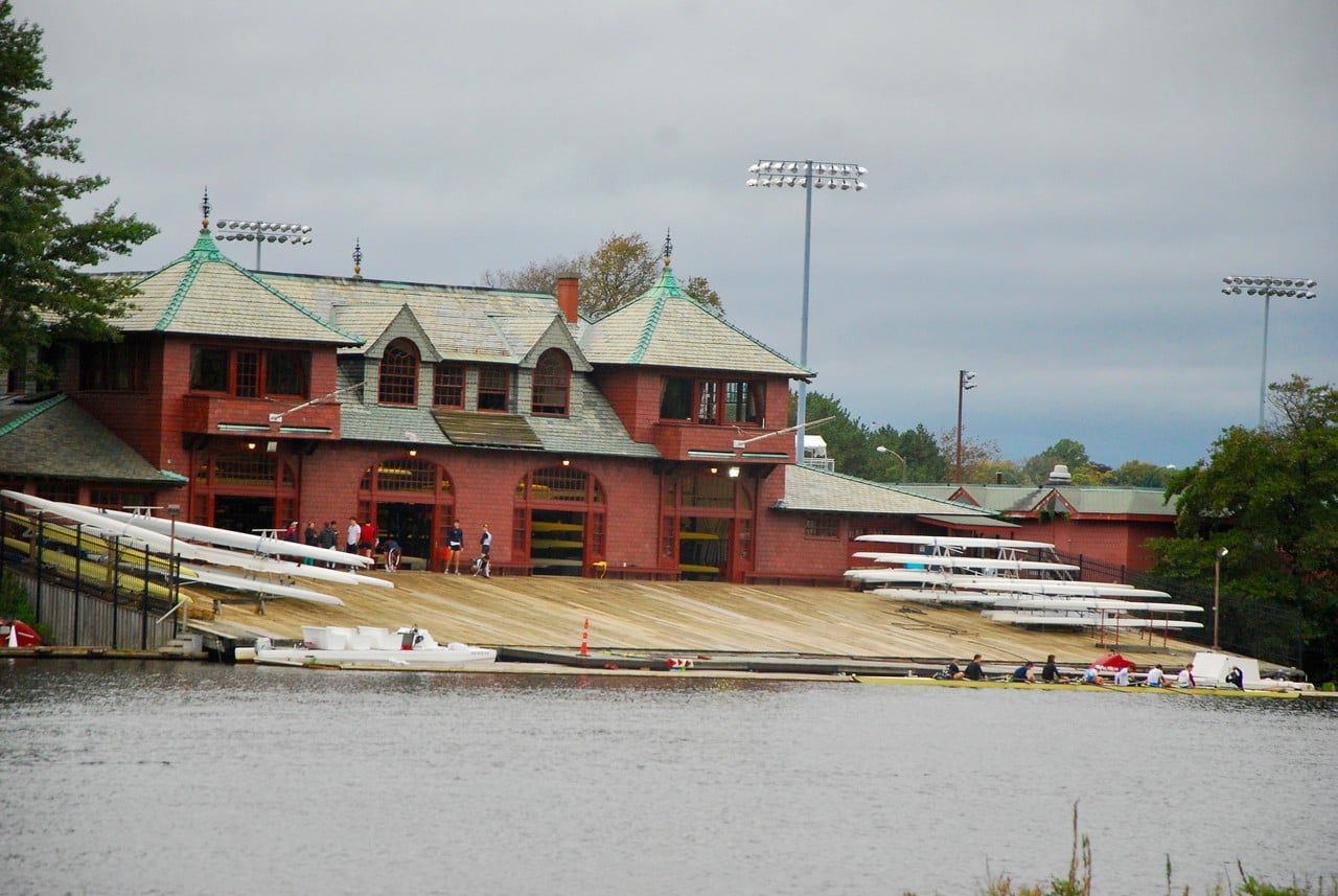Newell Boathouse, constructed in 1900 as a gift from the Harvard Club of New York, is the home of Harvard men's crew.