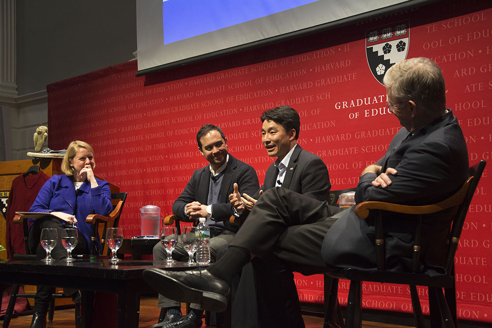 Professor Stephanie Jones, film producer Nicholas Ma, and Harvard senior lecturers Junlei Li and Richard Weissbourd discuss Fred Rogers' show.