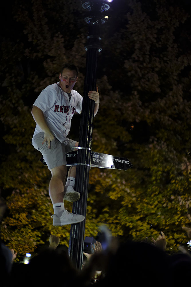 Boston Red Sox fans were seen celebrating the World Series win in Cambridge.