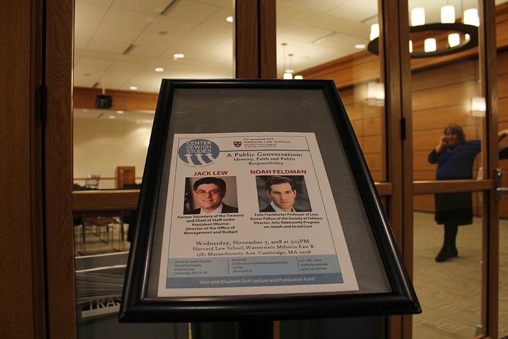 Jack J. Lew '78, former Secretary of the Treasury and Chief of Staff under President Obama, and Noah R. Feldman '92, a Law School professor, held a discussion about identity, faith, and public responsibility at Harvard Law School.