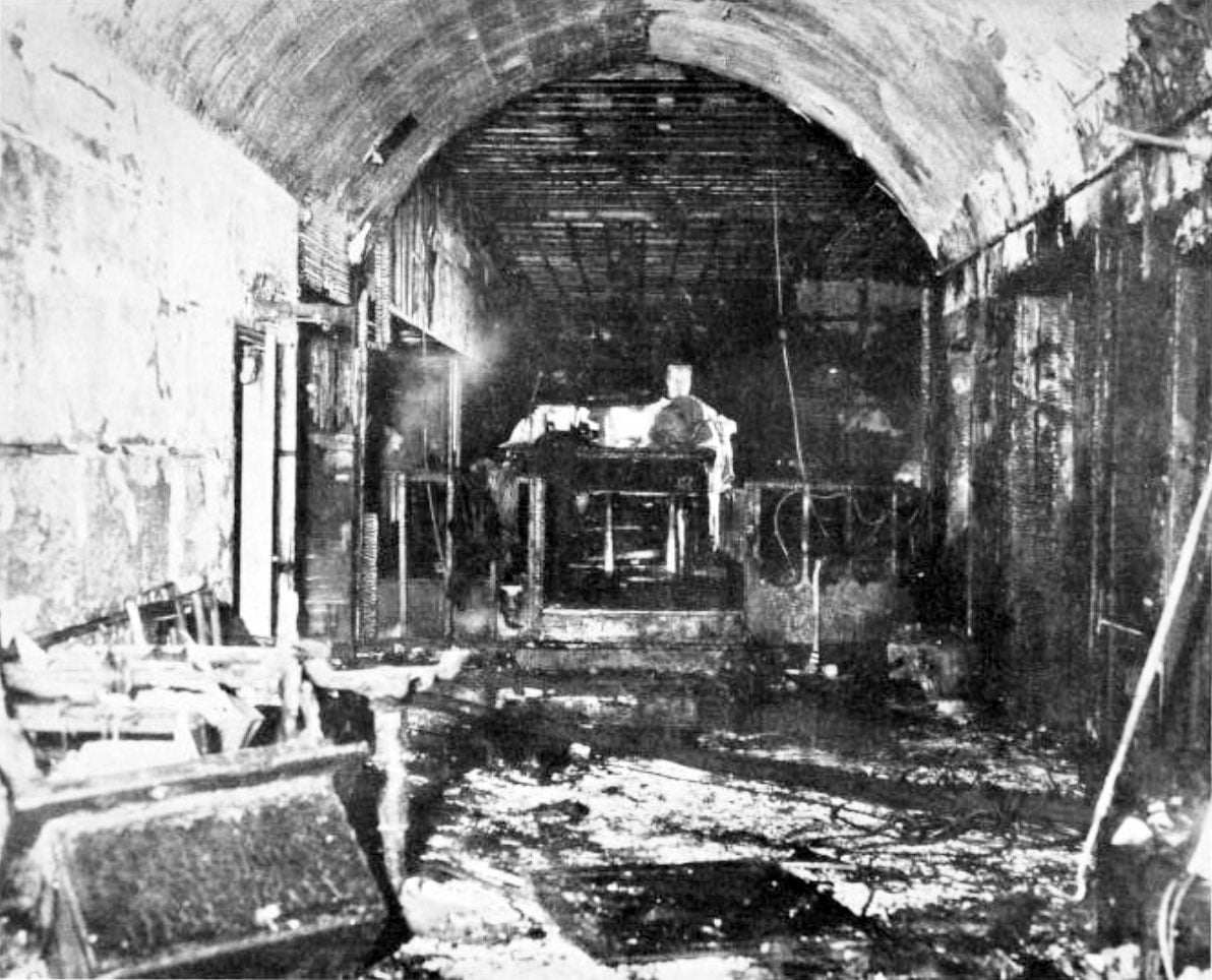 The aftermath of the fire is visible just inside the entrance to the Cocoanut Grove nightclub.