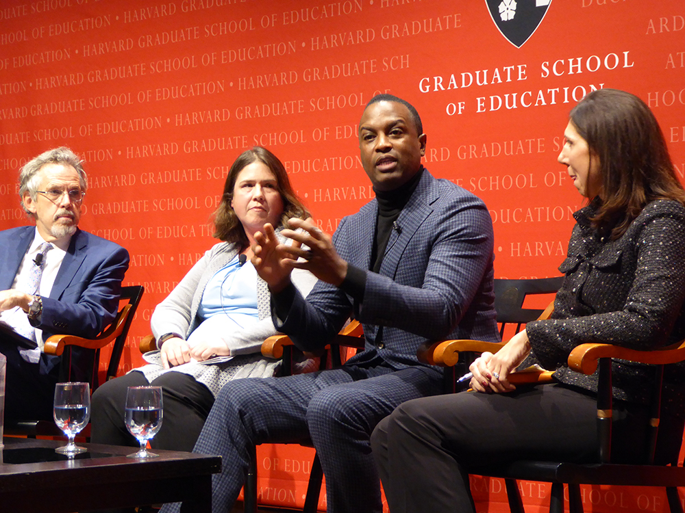 Askwith Forum hosted a panel with Jennifer Blatz, Michael McAfee, Laura Pinsoneault, and Paul Reville to discuss how to use collaborative actions to improve children's lives.