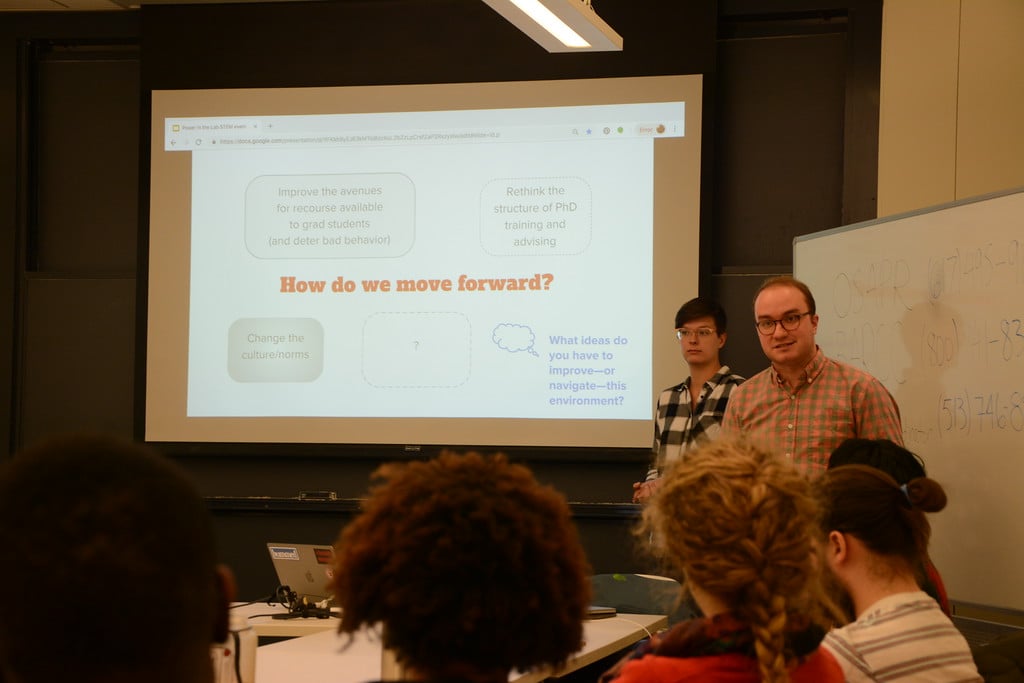 Jocelyn Fuentes and Cole M. Meisenhelder present at Power in Stem, an event held by the Physics and Chemistry departments to discuss the graduate student union.