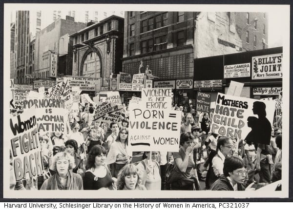 1979 demonstration by Women Against Pornography, part of the "anti-porn" movement which saw sex under patriarchy as inevitably violent.