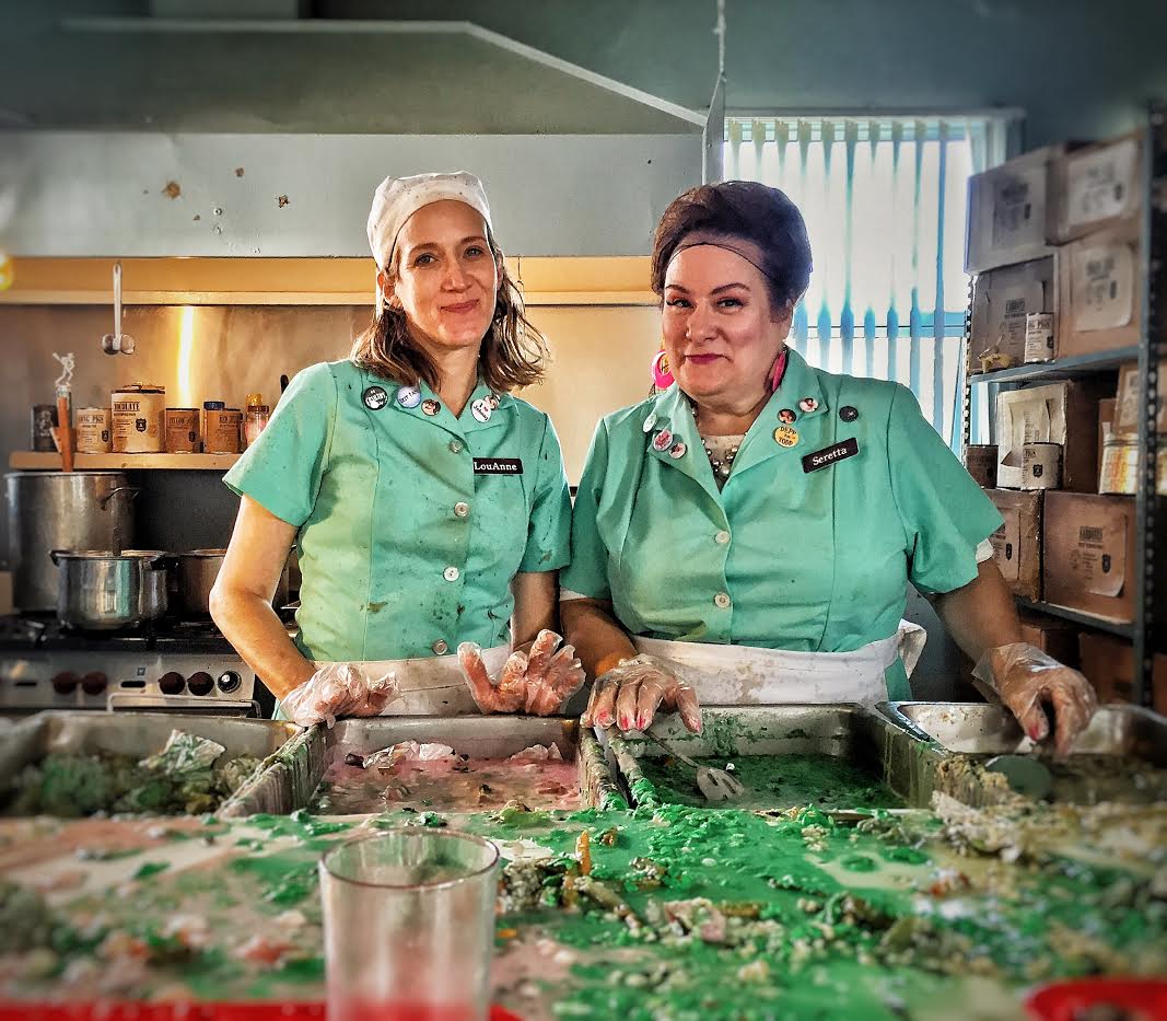 Mary Manofsky (left) stars as LouAnne and Donna Pieroni (right) stars as Seretta in “Lunch Ladies” (2017), written by Clarissa Jacobson and directed by J.M. Logan.