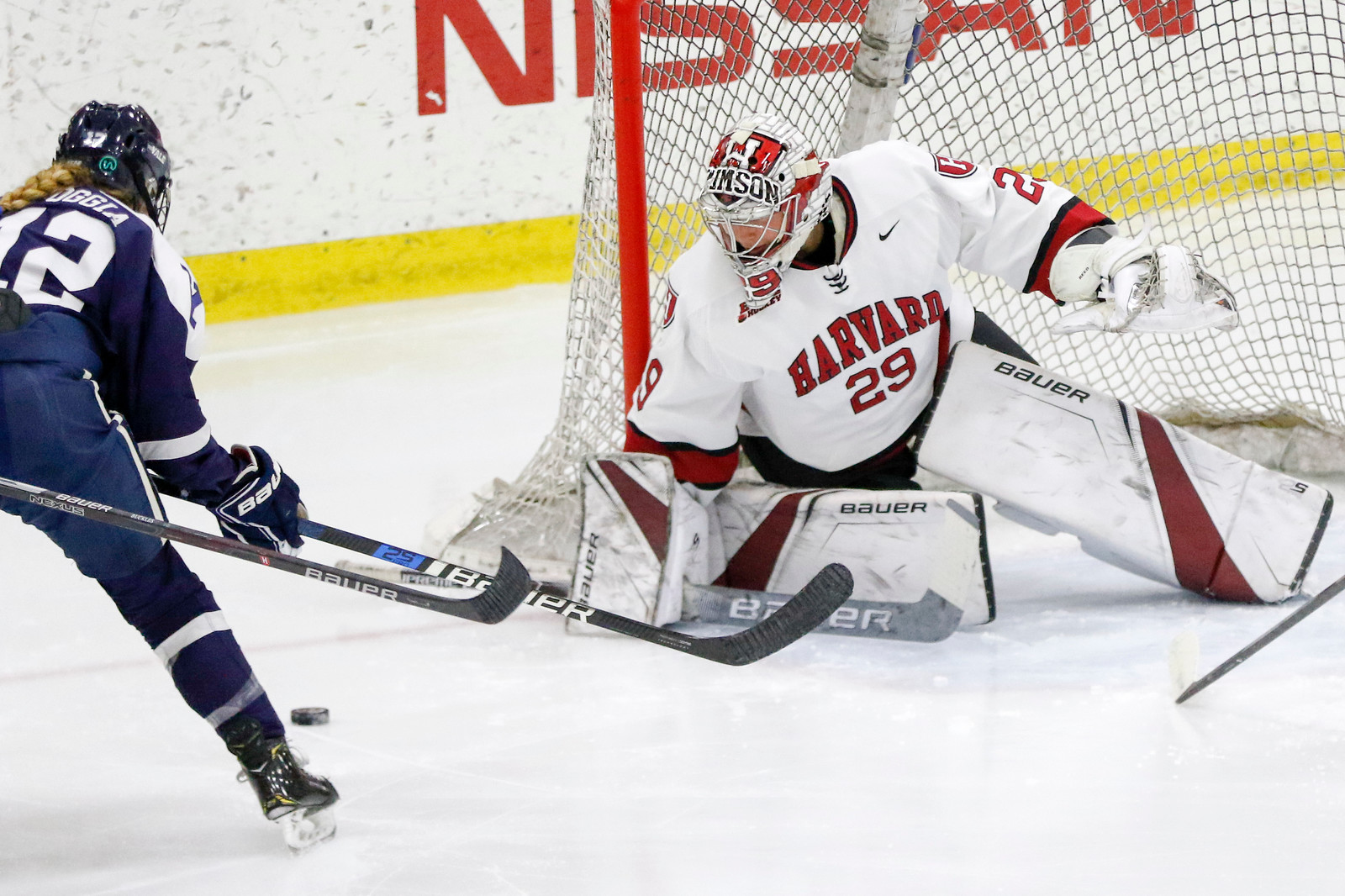 Reed seals off the post as an opponent tries to edge the defender for a net drive attempt.
