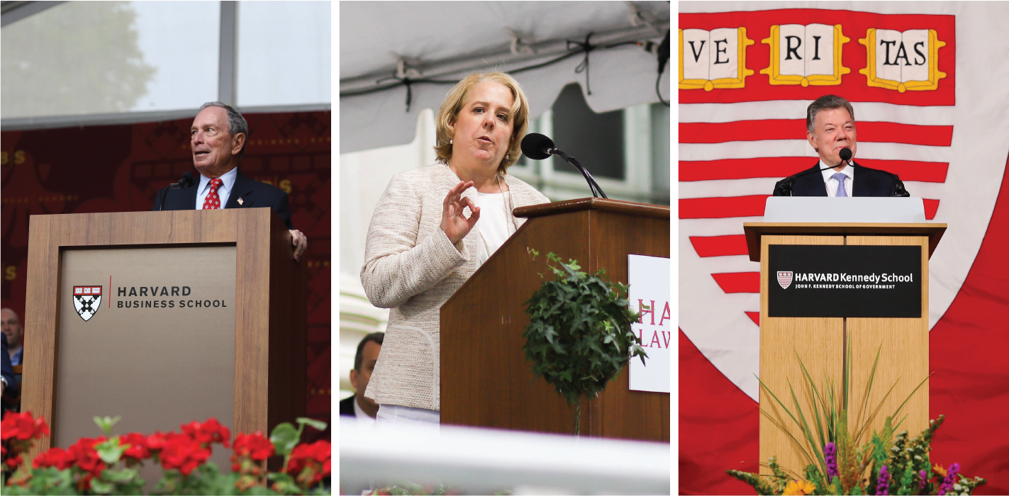 Michael R. Bloomberg, Roberta A. Kaplan '88, and Juan Manuel Santos speak at Business School, Law School, and Kennedy School Class Day ceremonies.