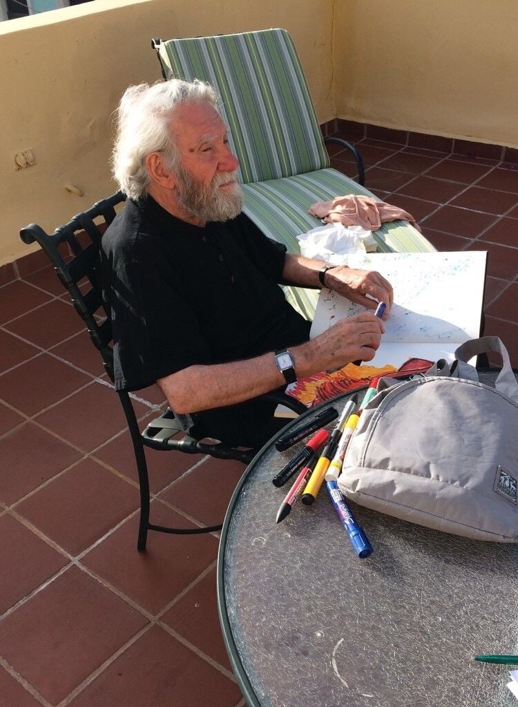 Artist Otto Piene sketches in San Juan, Puerto Rico, in 2014.