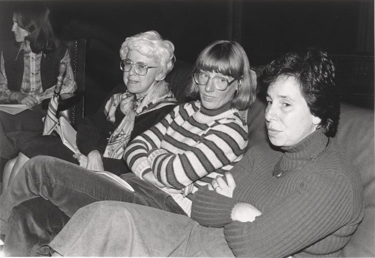 Barbara M. Solomon '40, Susan W. Ware, and Judith A. Kates '62 participate in a panel on women’s studies at Harvard sponsored by the Radcliffe Union of Students in 1981.