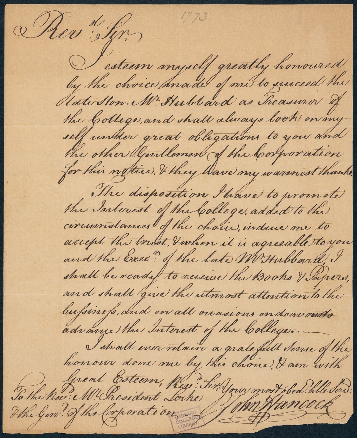 John Hancock wrote a letter in 1773 accepting appointment as Harvard University's treasurer, serving from 1773 to 1777 — concurrent with the American Revolutionary War.