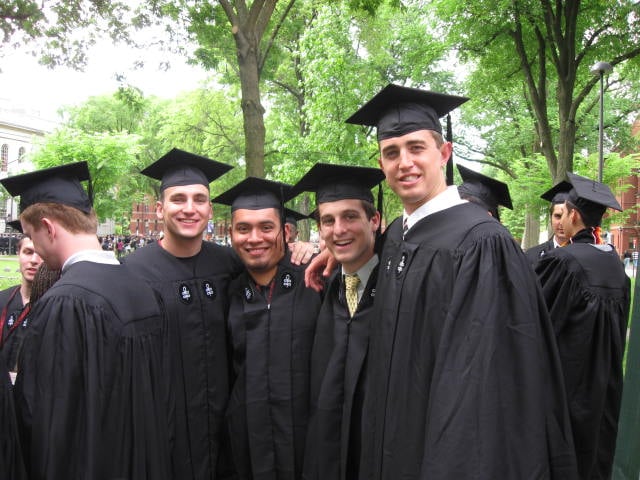 Daniel L. Valenti '09, Nery M. Porras '09, Jeffrey W. Wannop '09, and Matthew D. Thomas '09 celebrate graduating from Harvard College.