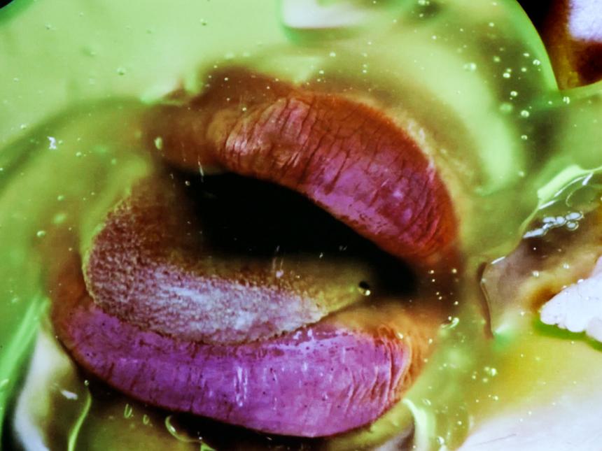 Marilyn Minter's "Green Pink Caviar" is one of the videos shown in the new MFA exhibit "Read My Lips."