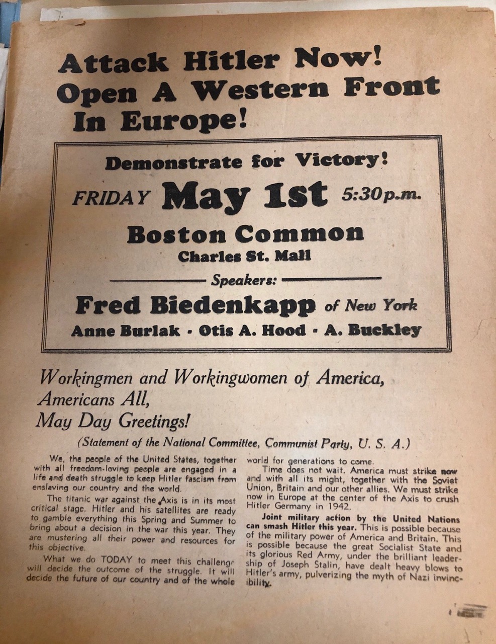 An "Attack Hitler Now! Open a Western Front in Europe" flyer. HUD 3891. Harvard University Archives.