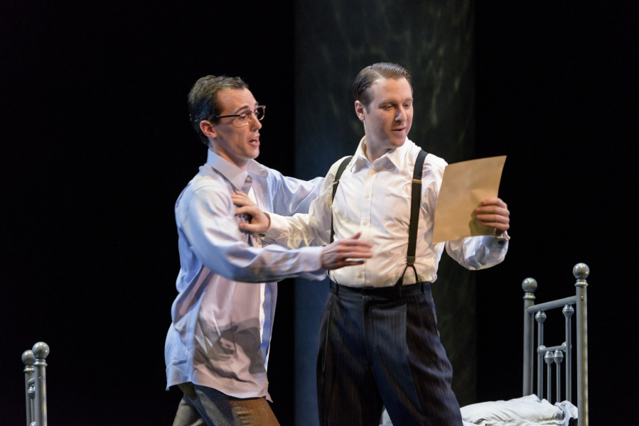 Hawkins Fuller (Jesse Blumberg, R.) teases Timothy Laughlin (Jesse Darden L.) about his letter in Boston Lyric Opera’s production of “Fellow Travelers”