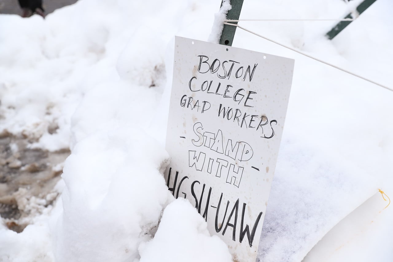 Members of unions affiliated with other local universities joined Harvard's graduate student union as they picketed in Harvard Yard.