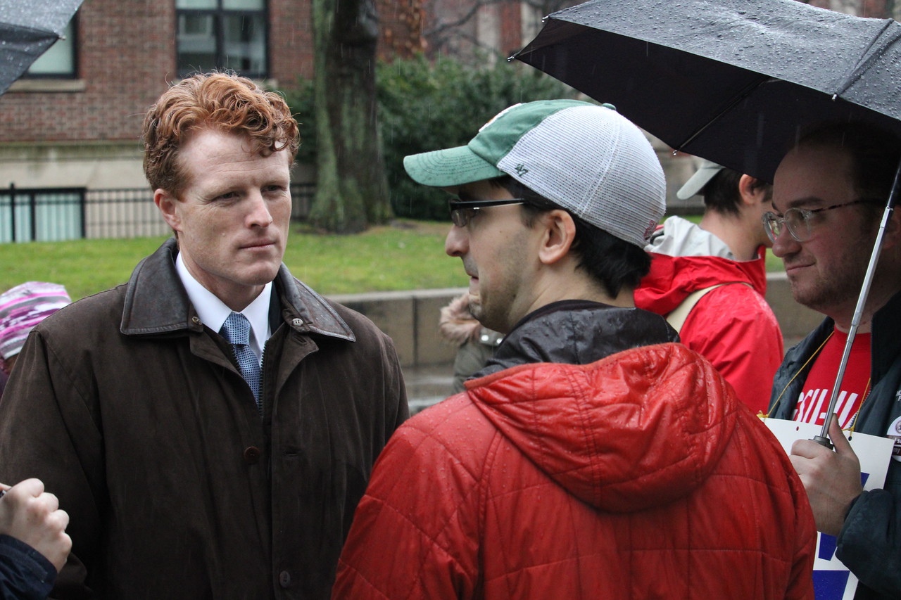U.S. Representative Joseph P. Kennedy III (D-Mass.) speaks to members of Harvard's graduate union during the second week of their strike.